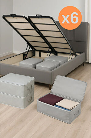 6 Adet Büyük Boy Gri Yatak Baza Altı Çok Amaçlı Hurç 64 x 45 x 22 Cm