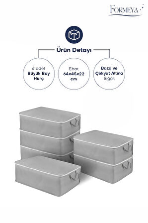 6 Adet Büyük Boy Gri Yatak Baza Altı Çok Amaçlı Hurç 64 x 45 x 22 Cm