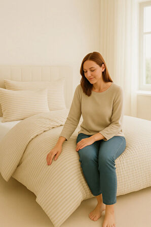 Çizgili Lastikli Çarşaflı Tek Kişilik Nevresim Takımı