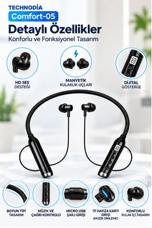 Comfort-05 Boyun Tipi Bluetooth Kulaklık 600 Saate Kadar Kullanım Hafıza Kartı Girişli Dijital Göstergeli - Siyah