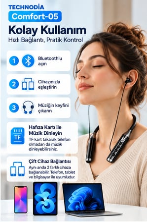 Comfort-05 Boyun Tipi Bluetooth Kulaklık 600 Saate Kadar Kullanım Hafıza Kartı Girişli Dijital Göstergeli - Siyah