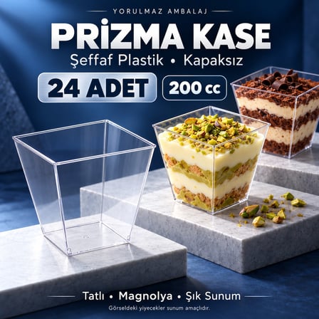 Prizma Kase 200 cc 24’lü – Kapaksız Şeffaf Plastik Kare Tatlı, Magnolya ve Puding Sunum Kabı