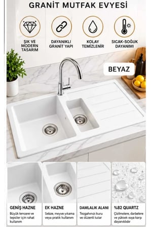 Granit Evye Zuma Series Beyaz Renk (1,5 Göz) EN :1000mm BOY :500MM DERİNLİK :200 mm
