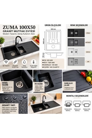 Granit Evye Zuma Series Beyaz Renk (1,5 Göz) EN :1000mm BOY :500MM DERİNLİK :200 mm