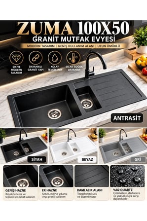 Granit Evye Zuma Series GRİ Renk (1,5 Göz) EN :1000mm BOY :500MM DERİNLİK :200 mm