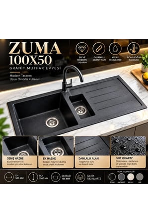 Granit Evye Zuma Series SİYAH Renk (1,5 Göz) EN :1000mm BOY :500MM DERİNLİK :200 mm