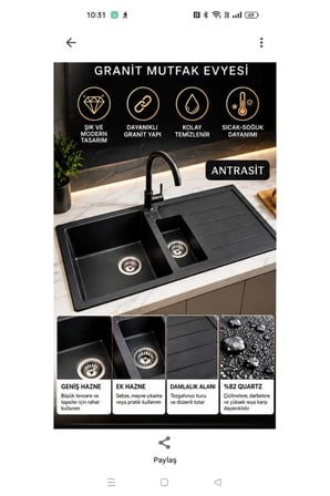 Granit Evye Zuma Series SİYAH Renk (1,5 Göz) EN :1000mm BOY :500MM DERİNLİK :200 mm