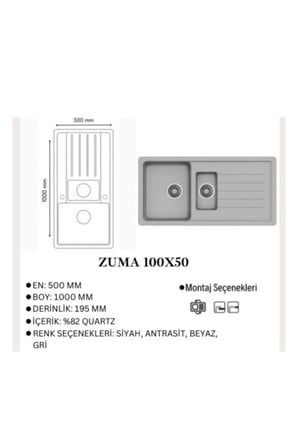 Granit Evye Zuma Series ANTRASİT Renk (1,5 Göz) EN :1000mm BOY :500MM DERİNLİK :200 mm
