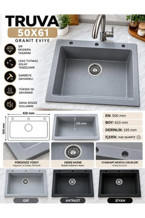 Granit EVYE Truva Series GRİ Renk EN:500mm BOY :610 mm DERİNLİK :195 mm