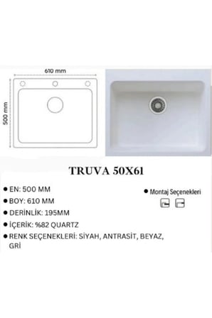 Granit EVYE Truva Series GRİ Renk EN:500mm BOY :610 mm DERİNLİK :195 mm