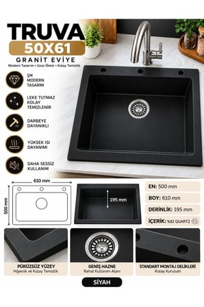 Granit EVYE Truva Series SİYAH Renk EN:500mm BOY :610 mm DERİNLİK :195 mm