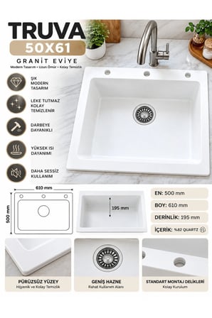 Granit EVYE Truva Series BEYAZ Renk EN:500mm BOY :610 mm DERİNLİK :195 mm