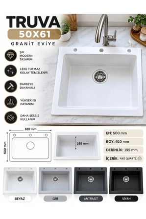 Granit EVYE Truva Series BEYAZ Renk EN:500mm BOY :610 mm DERİNLİK :195 mm
