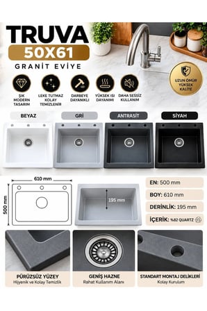 Granit EVYE Truva Series ANTRASİT Renk EN:500mm BOY :610 mm DERİNLİK :195 mm