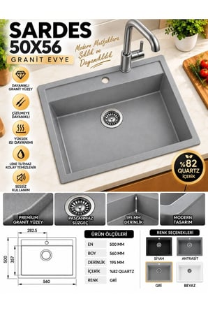 Granit EVYE Sardes Series GRİ Renk En:50 mm BOY :61 mm DERİNLİK :195 mm