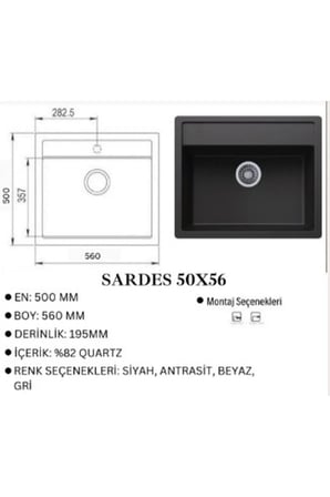 Granit EVYE Sardes Series GRİ Renk En:50 mm BOY :61 mm DERİNLİK :195 mm