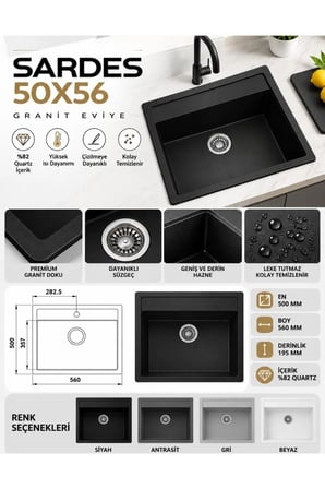 Granit EVYE Sardes Series GRİ Renk En:50 mm BOY :61 mm DERİNLİK :195 mm