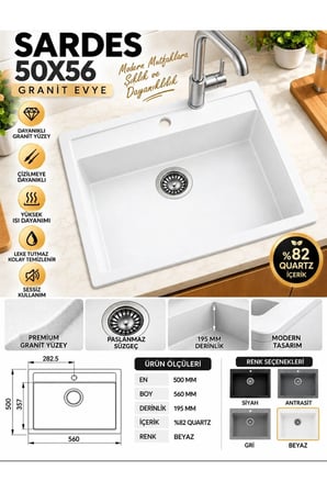 Granit EVYE Sardes Series Beyaz Renk En:50 mm BOY :61 mm DERİNLİK :195 mm