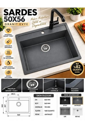 Granit EVYE Sardes Series ANTRASİT Renk En:50 mm BOY :61 mm DERİNLİK :195 mm