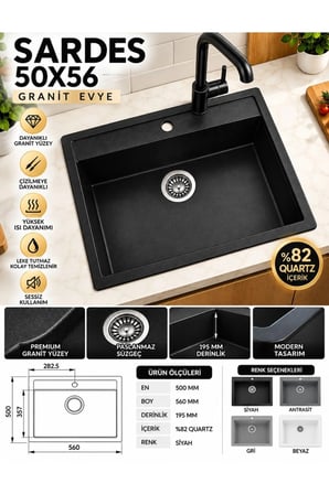 Granit EVYE Sardes Series ANTRASİT Renk En:50 mm BOY :61 mm DERİNLİK :195 mm