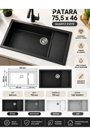 Granit EVYE Patara Series SİYAH Renk EN:460 mm BOY :755 mm DERİNLİK :195 mm