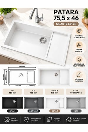 Granit EVYE Nero Series ANTRASİT Renk EN :460mm BOY :610 mm DERİNLİK :195 mm