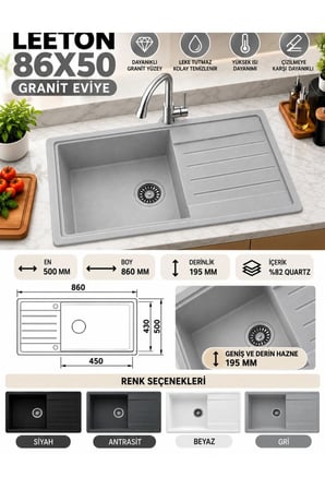 Granit EVYE Leeton Series BEYAZ Renk EN :500mm BOY :860 mm DERİNLİK :195 mm