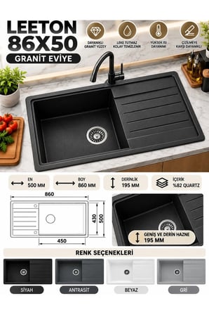 Granit EVYE Leeton Series ANTRASİT Renk EN :500mm BOY :860 mm DERİNLİK :195 mm