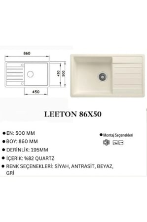 Granit EVYE Leeton Series ANTRASİT Renk EN :500mm BOY :860 mm DERİNLİK :195 mm
