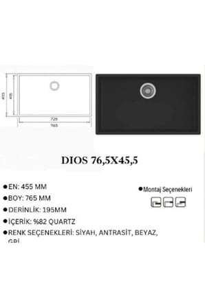 Granit EVYE Dıos Series GRİ renk EN :455 mm BOY :765 mm DERİNLİK 195 mm