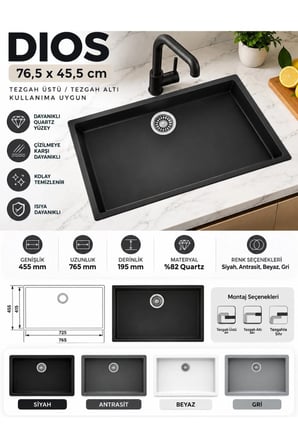 Granit EVYE Dıos Series GRİ renk EN :455 mm BOY :765 mm DERİNLİK 195 mm