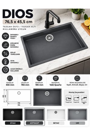 Granit EVYE Dıos Series ANTRASİT renk EN :455 mm BOY :765 mm DERİNLİK 195 mm