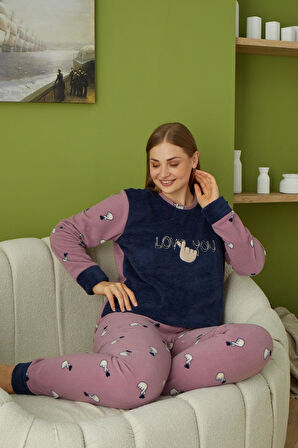 Pijamood 60014 Mor Battal Kadın Polar Pijama Takımı 