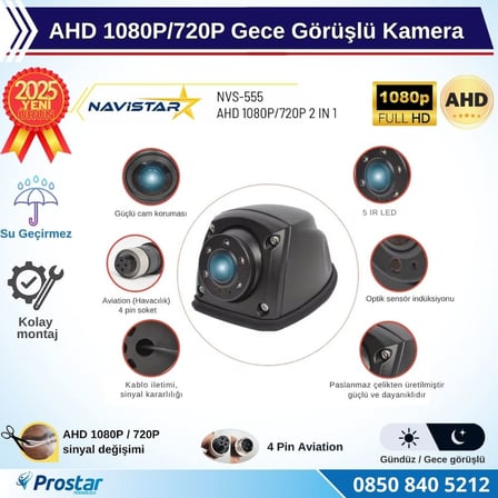 Navistar NVS-555 AHD 1080P/720P Arka Görüş Kamerası Gece Görüşlü 4 Pin Soketli Su Geçirmez Metal Kamyon Tır Otobüs İçin