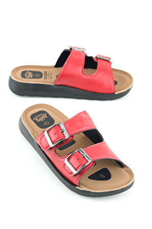 Gezer Kadın Yazlık PU Alt Taban Suni Deri İki Toka Ayarlanabilir İç Taban Anatomical Dört Nokta Yastıklı Rahat Günlük Terlik