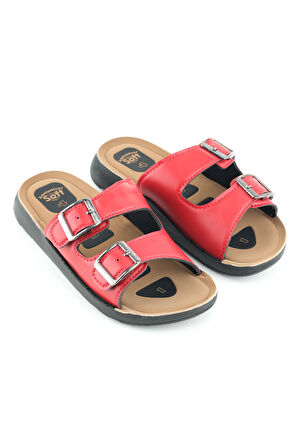 Gezer Kadın Yazlık PU Alt Taban Suni Deri İki Toka Ayarlanabilir İç Taban Anatomical Dört Nokta Yastıklı Rahat Günlük Terlik