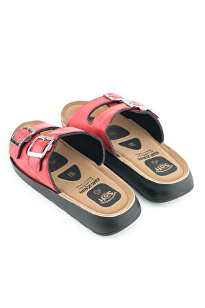 Gezer Kadın Yazlık PU Alt Taban Suni Deri İki Toka Ayarlanabilir İç Taban Anatomical Dört Nokta Yastıklı Rahat Günlük Terlik