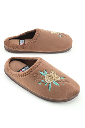 Gezer Kadın Kışlık PU Rahat Taban Nakışlı Tasarım Ev Bahçe Terlik