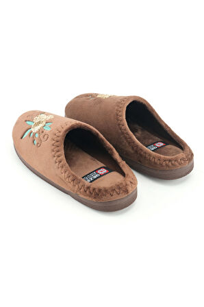 Gezer Kadın Kışlık PU Rahat Taban Nakışlı Tasarım Ev Bahçe Terlik