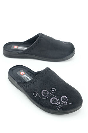 Gezer Kadın Kışlık PU Rahat Taban Nakışlı Tasarım Ev Bahçe Terlik