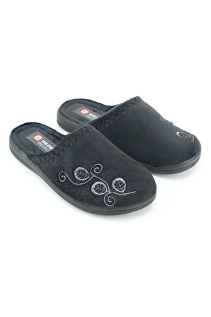 Gezer Kadın Kışlık PU Rahat Taban Nakışlı Tasarım Ev Bahçe Terlik