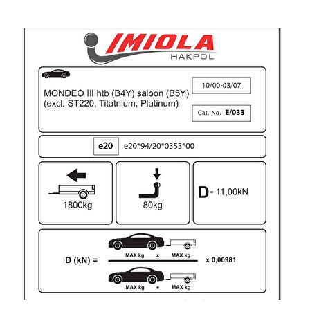 Hakpol Ford Mondeo Hatchback, Saloon 10/2000-12/2006 Çeki Demiri