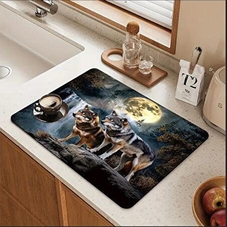 55 CM x 45 CM KURT VE AY IŞIĞI TASARIMI TEZGAH ÜSTÜ BULAŞIK KURUTMA MATI BULAŞIKLIK KURUTMA ÖRTÜSÜ