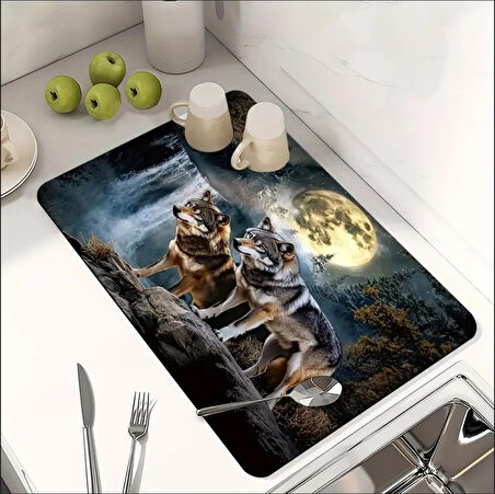 55 CM x 45 CM KURT VE AY IŞIĞI TASARIMI TEZGAH ÜSTÜ BULAŞIK KURUTMA MATI BULAŞIKLIK KURUTMA ÖRTÜSÜ