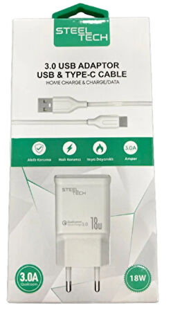 SteelTech 3.0a Usb Adaptör Usb & Type-c Şarj Kablosu | 18w Qualcomm Hızlı Şarj Ve Akıllı Koruma