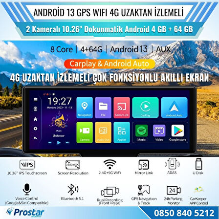 Kayıtlı 2 Kameralı Android 13 WIFI GPS 4G Uzaktan izlemeli 4 GB + 64 GB Carplay 512 GB Destekli Tak Kullan Kamera Seti