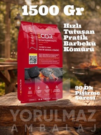 TEK Kibrit ECOR Mangal Kömürü 1,5 KG – Hızlı Tutuşan, Uzun Süre Yanan Kaliteli Kömür 