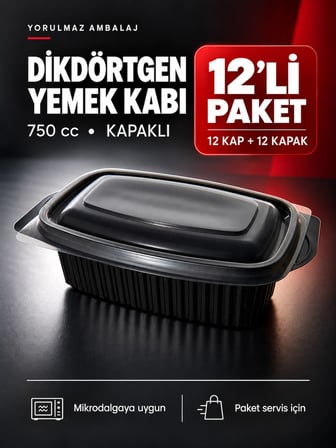 750 Cc Kapaklı Dikdörtgen Yemek Kabı 12’li – Mikrodalgaya Uygun Siyah Paket Servis Kabı