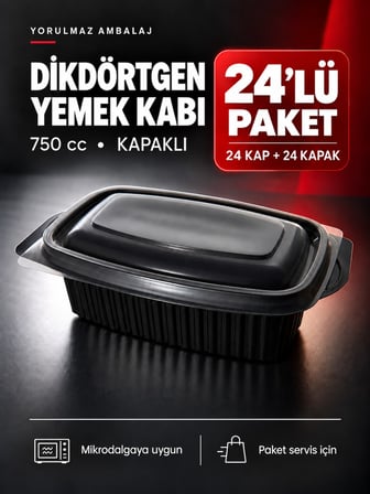 Yorulmaz Ambalaj 750 Cc Kapaklı Dikdörtgen Yemek Kabı 24’lü – Mikrodalgaya Uygun Siyah Paket Servis 