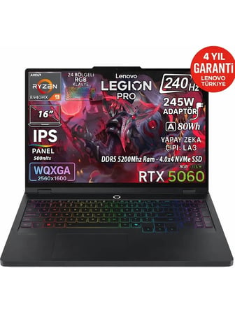 Lenovo Legion Pro 5 16ADR10 Amd Ryzen 9 8940HX 64-GBDDR5  256 GB SSD  RTX 5060 8GB (115W) 16" WQXGA (2560X1600) 240Hz 2K IPS Windows 11 Pro 83LT005RTRAT93